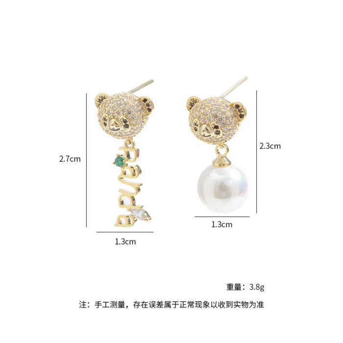 Wholesale Sterling Silver Post Bear Stud Female Zircon Alphabet Letter Earrings Pearl Earring Ornament Dropshipping Jewelry
