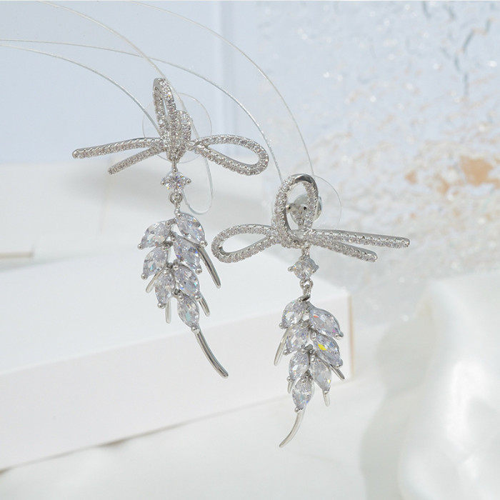 Wholesale Zircon Bow Fashion Sterling Silver Needle Earrings Stud Jewelry Gift