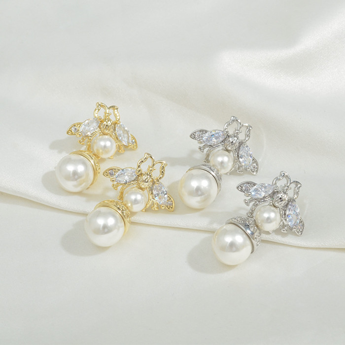 Wholesale New Bee Fashion Sterling Silver Needle Zircon Earrings Pearl Earrings Jewelry Gift