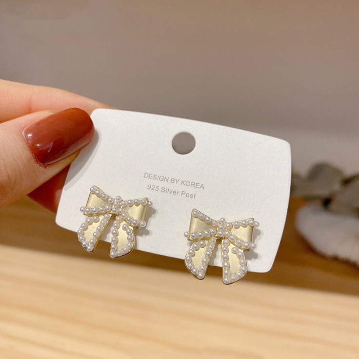 Wholesale Sterling Silver Needle Bow Stud Earrings Pearl Earrings For Women Jewelry Gift