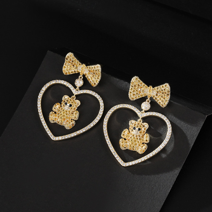 Wholesale Zircon Bow Peach Heart Earrings Sterling Silver Needle Stud Earrings For Women Jewelry Gift