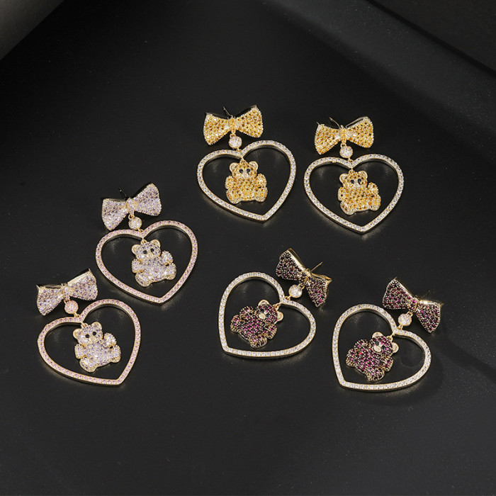 Wholesale Zircon Bow Peach Heart Earrings Sterling Silver Needle Stud Earrings For Women Jewelry Gift