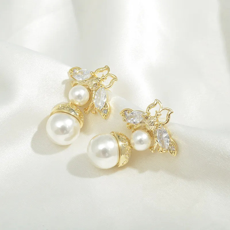 Wholesale New Bee Fashion Sterling Silver Needle Zircon Earrings Pearl Earrings Jewelry Gift