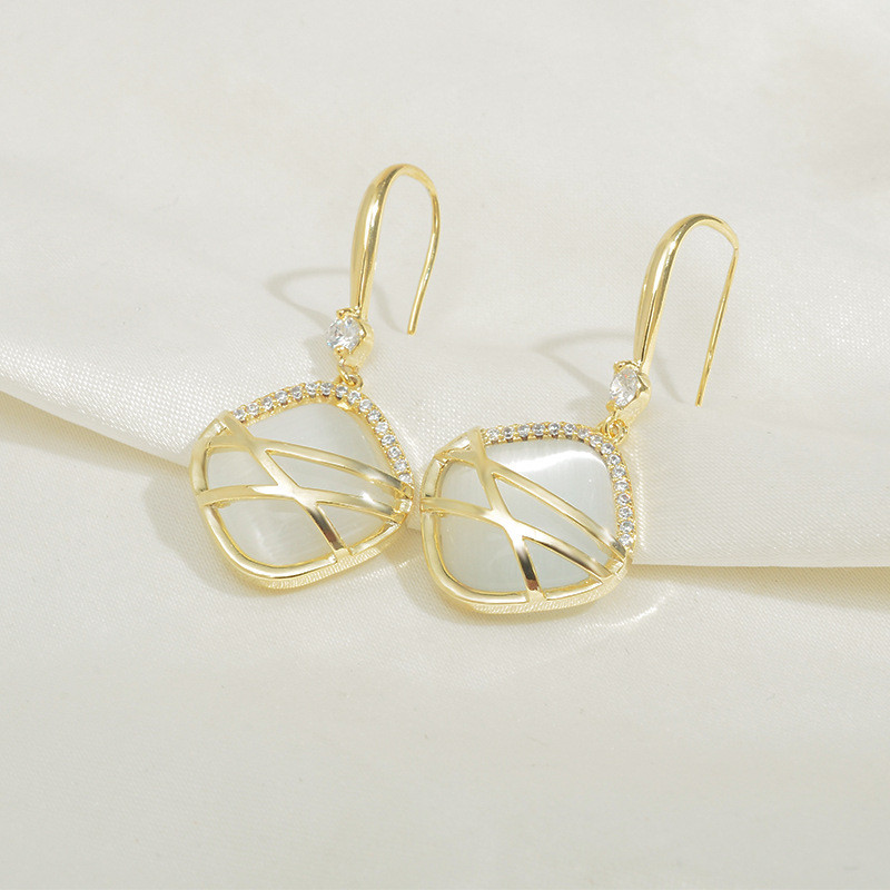Wholesale Sterling Silver Needle Geometric Diamond Women's Earrings Opal Stone Stud Jewelry Gift