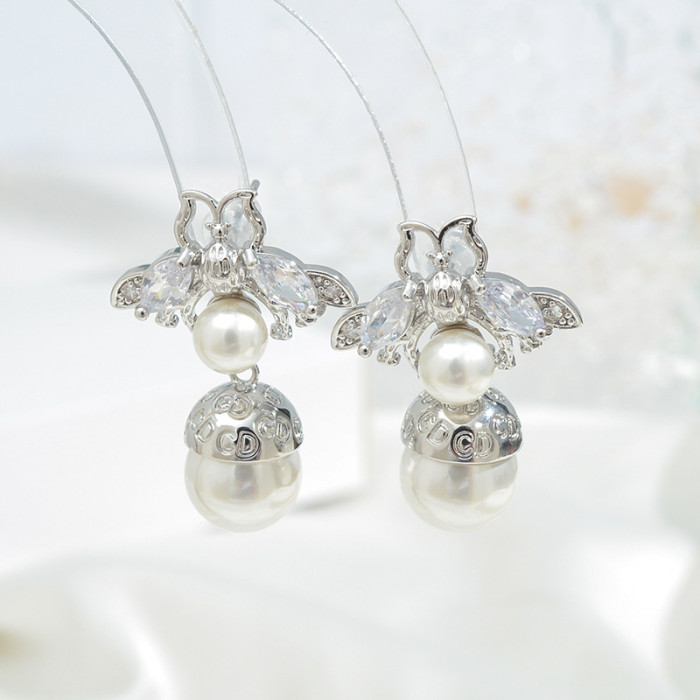 Wholesale New Bee Fashion Sterling Silver Needle Zircon Earrings Pearl Earrings Jewelry Gift