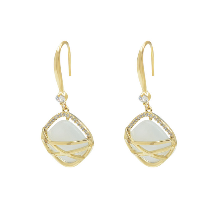 Wholesale Sterling Silver Needle Geometric Diamond Women's Earrings Opal Stone Stud Jewelry Gift