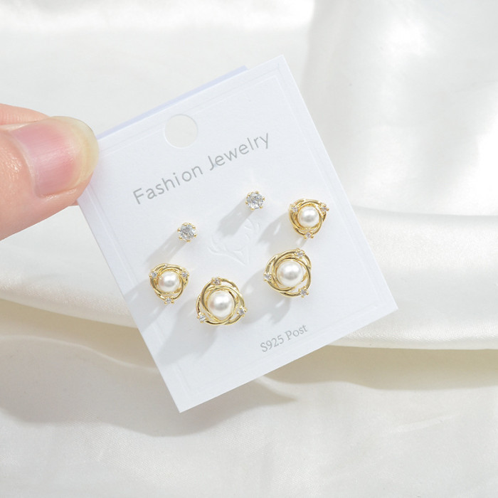 Wholesale Sterling Silver Needle Earings Set Earrings Three Pairs Of Pearl Earrings For Women Jewelry Gift