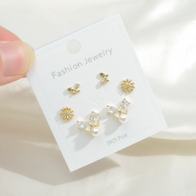 Wholesale Earrings One Card Three Pairs Combination Sterling Silver Needle Butterfly Earrings Earring Ornament Jewelry Gift