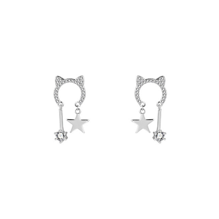 Wholesale Zircon Cat Stars Earrings Sterling Silver Needle Female Stud Earrings Animal Earring Jewelry Gift