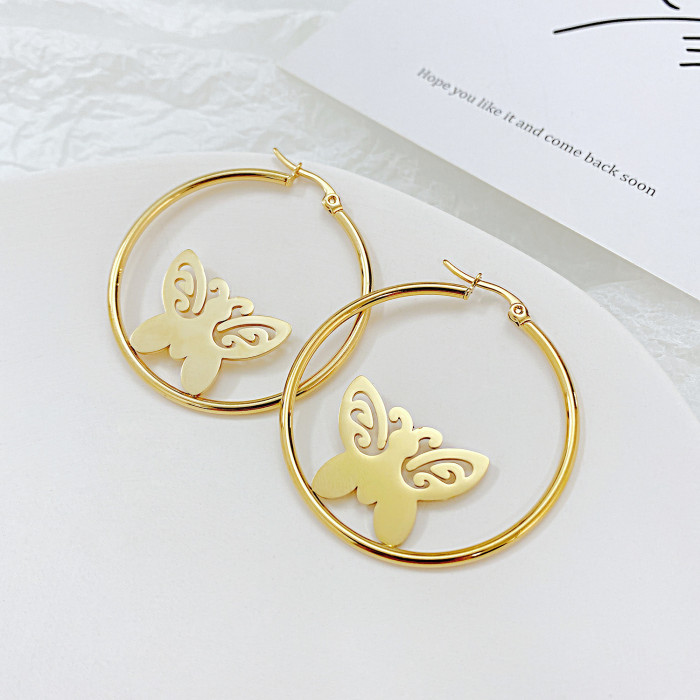 Wholesale Ornament Double-Layer Circle Butterfly Titanium Steel Hoop Earring Fashion Trendy Titanium Steel Earrings