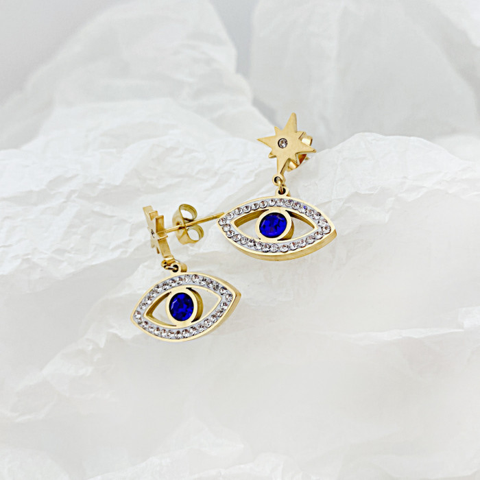 Wholesale Ornament Gold Blue Eyes Stainless Steel Evil Eye Pendant Zircon Stud Earrings