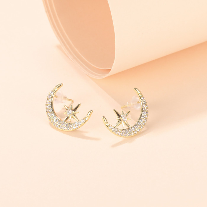 Wholesale Ornament Fashion Trendy Zircon Moon Stud Earrings Jewelry Women