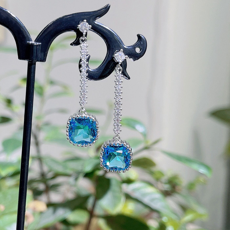 Navy Blue Crystal Square Sapphire Drop Eardrops Long Earring Jewelry Women Fashion  Gift