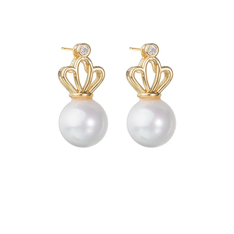 Wholesale Crown Pearl Stud  Zircon Gold-Plated  Earrings Jewelry Women Fashion 1631