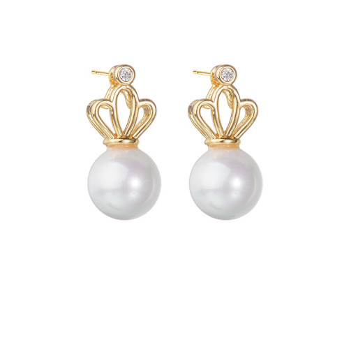 Wholesale Crown Pearl Stud  Zircon Gold-Plated  Earrings Jewelry Women Fashion