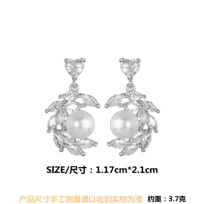 Wholesale Loving Heart Zircon Round Pearl Earrings Ornament 1599