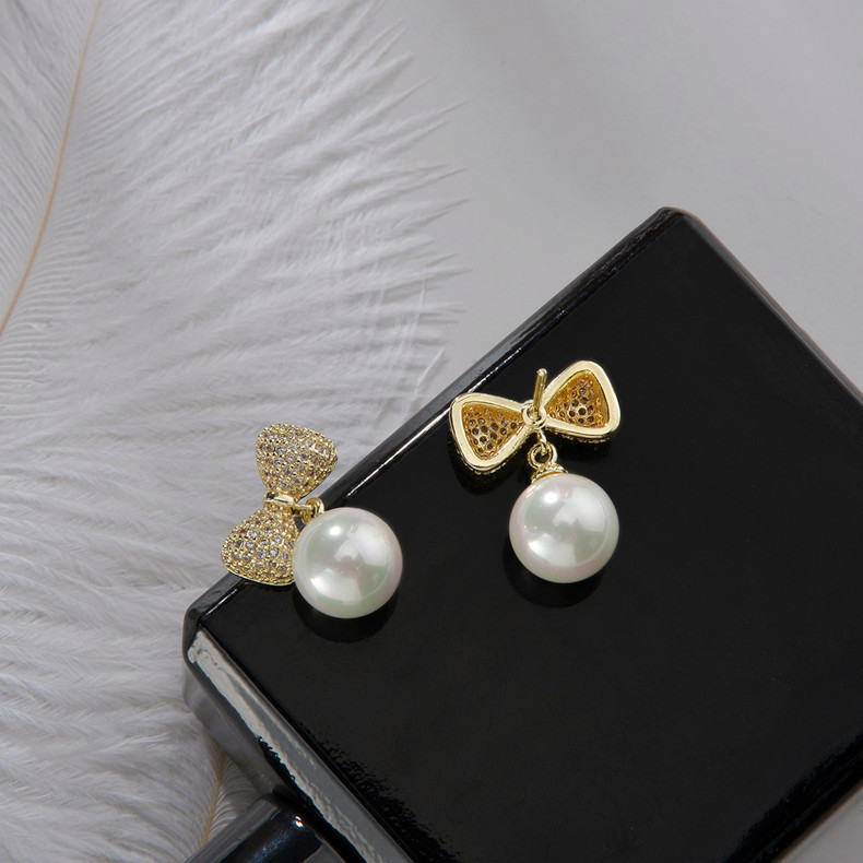 Wholesale Bow Artificial Pearl Earrings Women Gril Lady Stud 925 Sterling Silver Needle Earrings q932