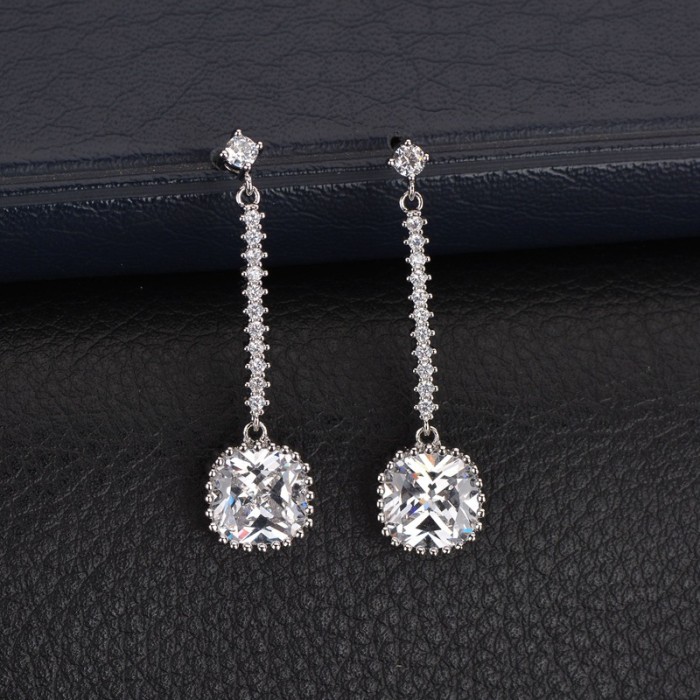 Navy Blue Crystal Square Sapphire Drop Eardrops Long Earring Jewelry Women Fashion  Gift 925