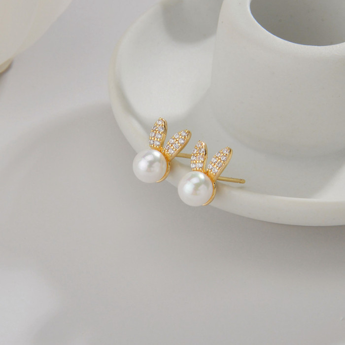 Wholesale Rabbit Zircon Pearl Stud Earrings Ornament q1626