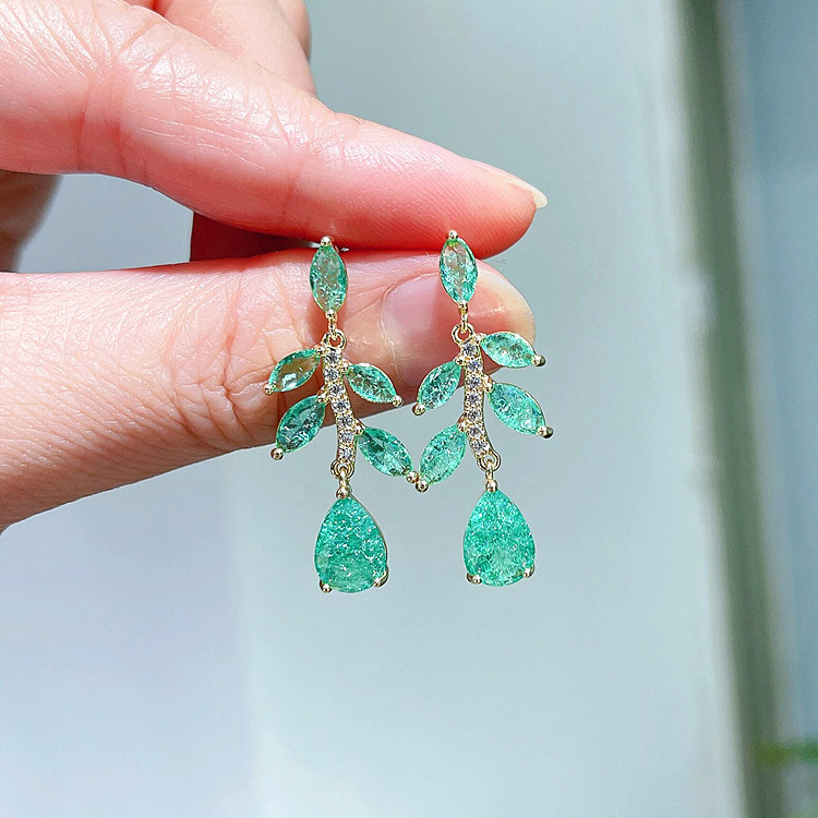 Wholesale Colored Gems Green Leaf Stud Earrings Crystal New Style Earrings  1400