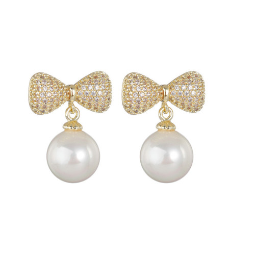 Wholesale Bow Artificial Pearl Earrings Women Gril Lady Stud 925 Sterling Silver Needle Earrings q932
