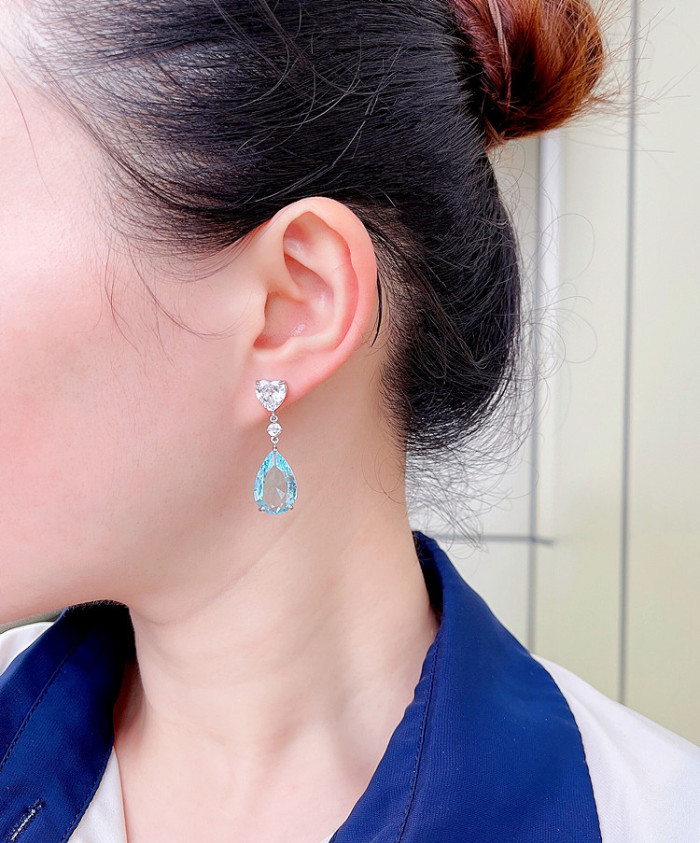 Navy Blue Crystal Zircon Fashion S925 Silver Ear Studs Water Drop Earrings  1600