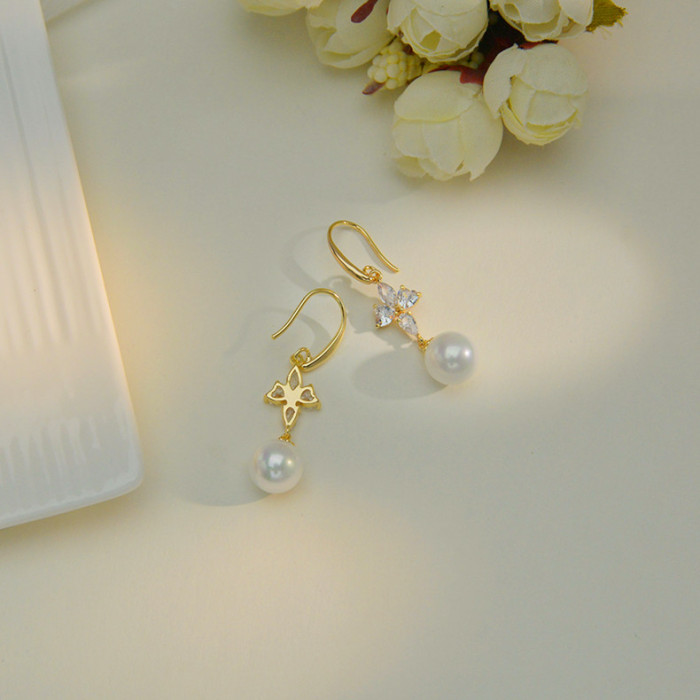 Round Pearl Earrings Zircon Gold Plated Unique Gift Drop Earrings Jewelry qxe1303