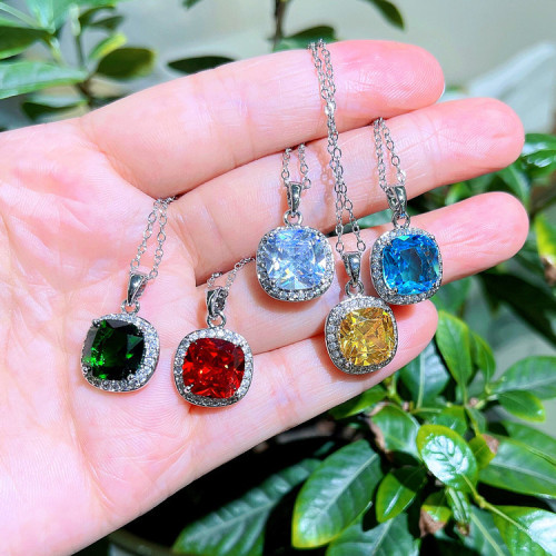 Colorful Square Crystal Zircon Pendant Necklace Clavicle Chain Girls' Gifts