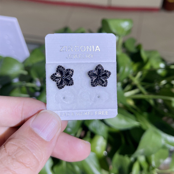 Wholesale Black Flower S925 Sterling Silver Needle Stud  Earring qx1572