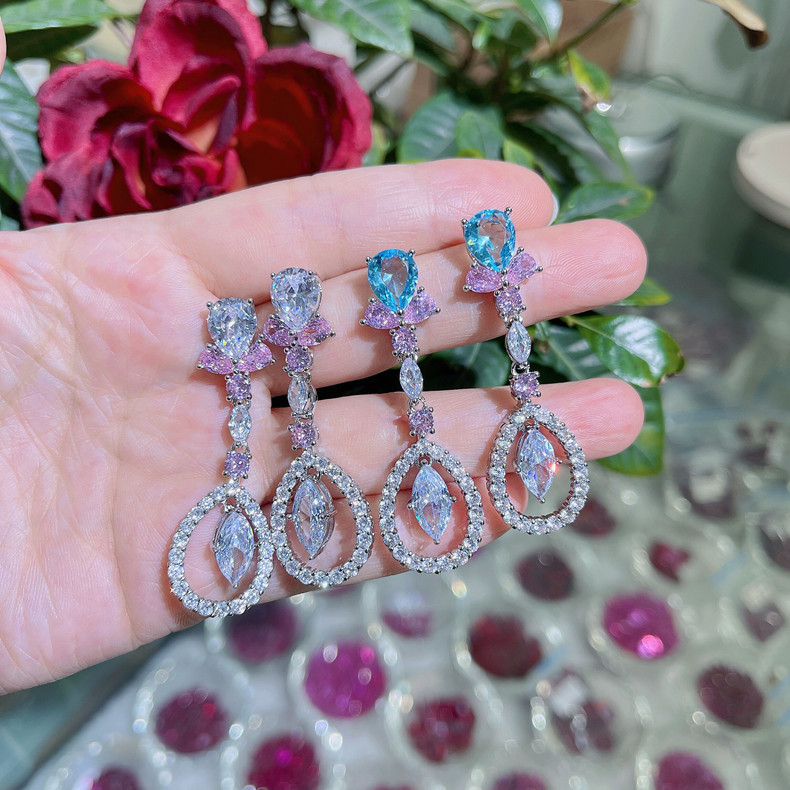 Wholeslae Zircon  Blue Crystal Earrings Sterling Silver Needle Long Earrings Jewelry q2021