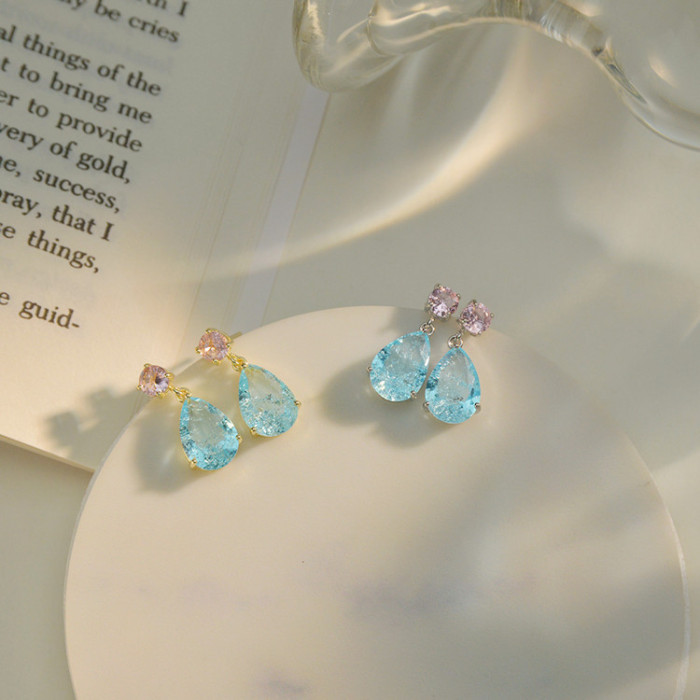Wholesale Ocean Blue Pink Crystal Ice Crack Water Drop Earrings Women Gift q245