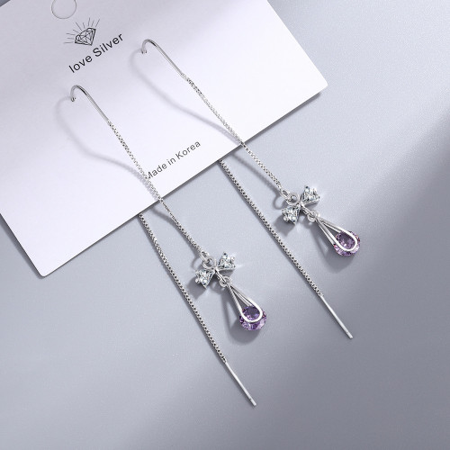 Wholesale Fashion Women's Purple Diamond Flower Fashion Long Eardrops Earrings Women Gift