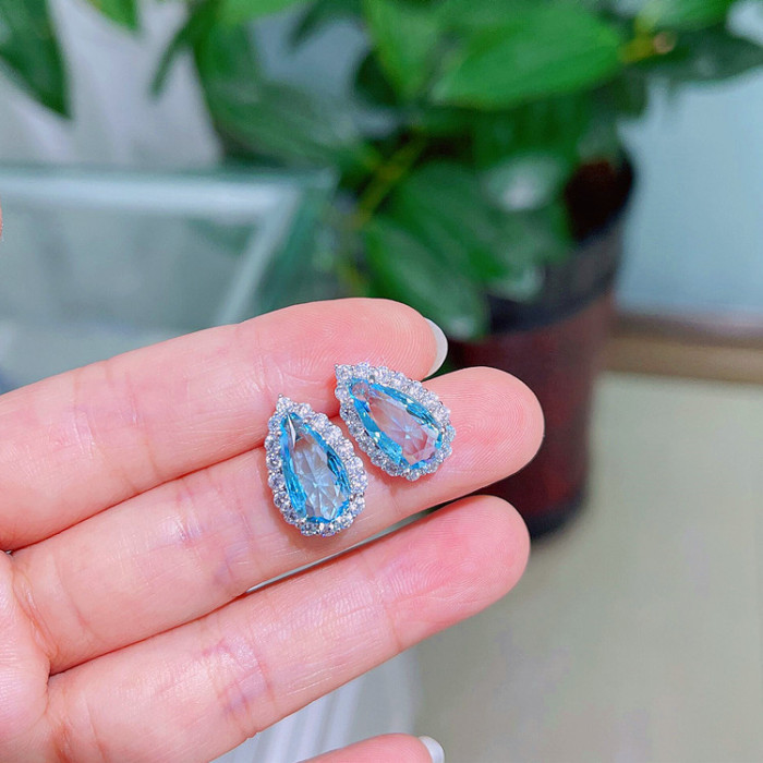 Wholesale Ocean Blue Water Drop Crystal Stud Earrings Eardrops Earrings Women Gift