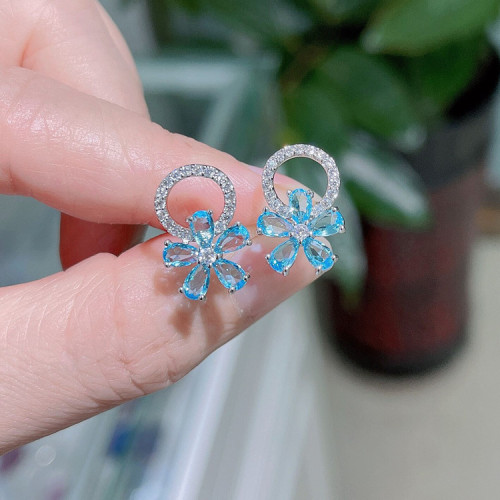Wholesale Ocean Blue Flower Ear Studs Eardrops Earrings Circle Women Gift