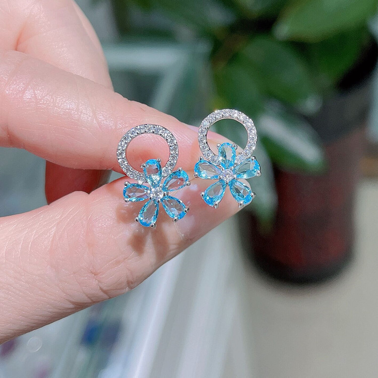 Wholesale Ocean Blue Flower Ear Studs Eardrops Earrings Circle Women Gift qx904