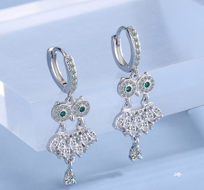 Wholesale Owl Clip On Earring Long Earrings Fringed Zircon Animal Earrings Women Gift