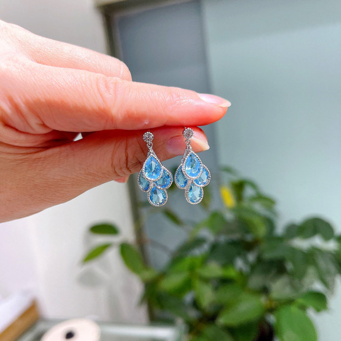 Wholesale 925 Silver Needle Navy Blue Water Drop Earrings Tassel Earrings Women Gift qxe1367