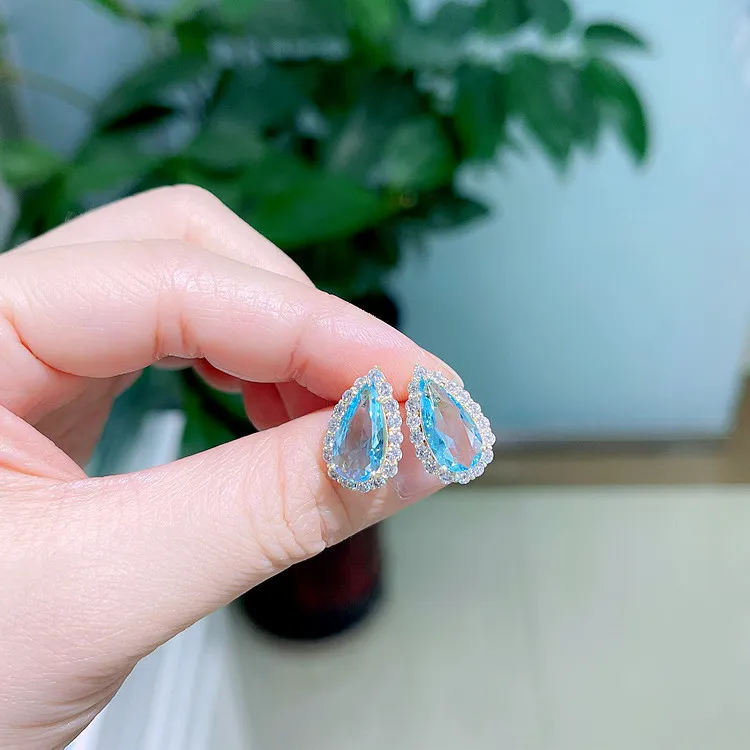 Wholesale Ocean Blue Water Drop Crystal Stud Earrings Eardrops Earrings Women Gift