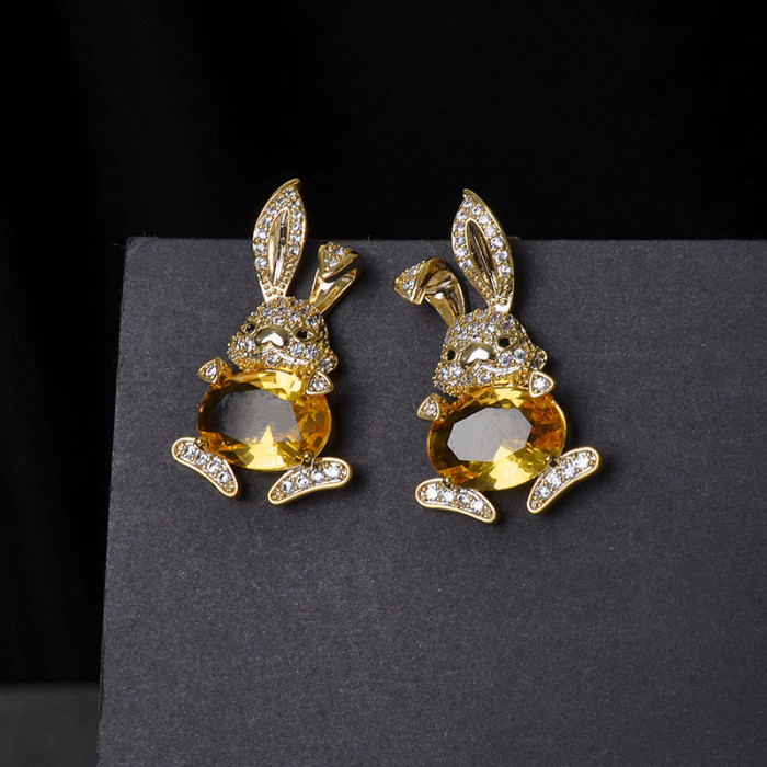 Wholesale Color Zircon Rabbit Earrings Women Girl Sterling Silver Needle Earring Jewelry Gift