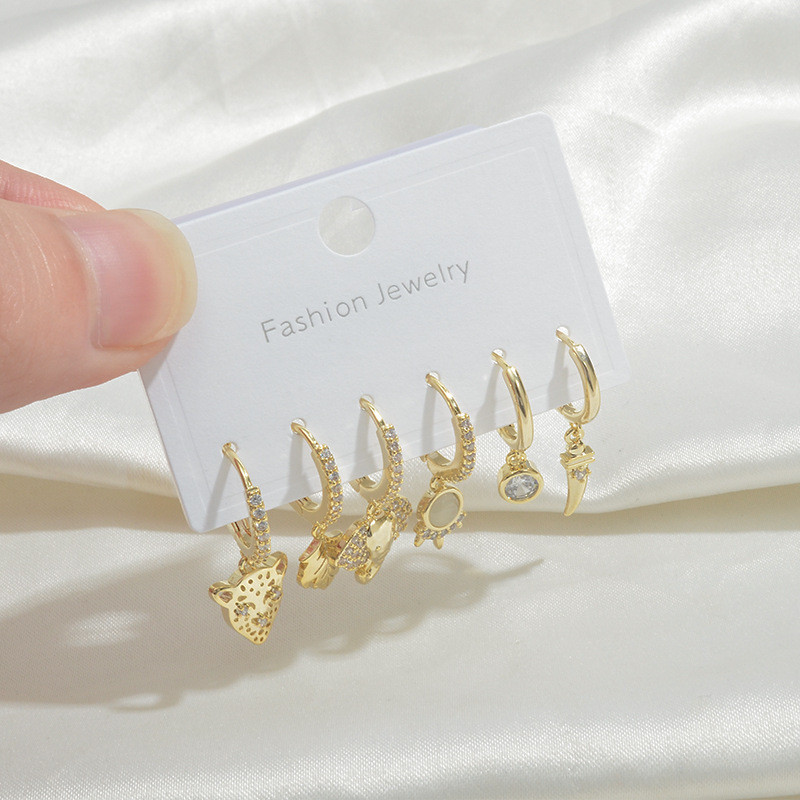 Wholesale Micro Inlaid Zircon One Card Three Pairs Set Earrings Women Girl Elephant Leopard Animal Ear Clip Jewelry Gift