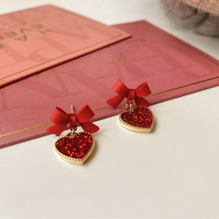 Wholesale Love Heart Stud Earrings Women's New Bow Earrings Jewelry Gift