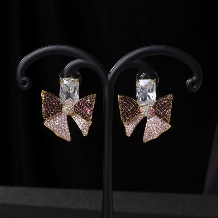 Wholesale Colorful Zircon Bow Earrings For Women Sterling Silver Needle Ornament Jewelry Gift
