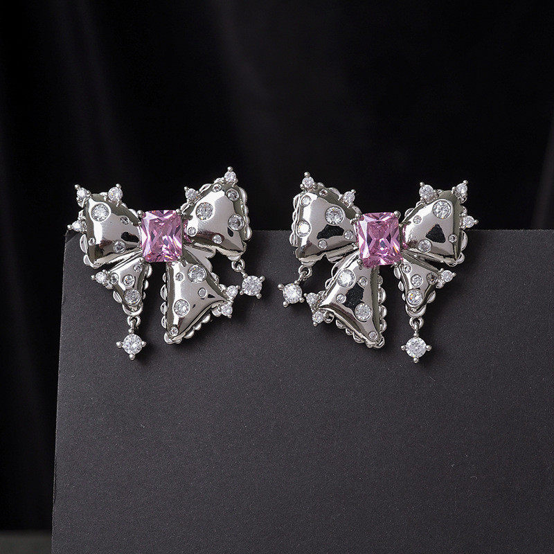 Wholesale Pink Zircon Bow Earrings For Women Sterling Silver Needle Earrings Ear Studs Jewelry Gift