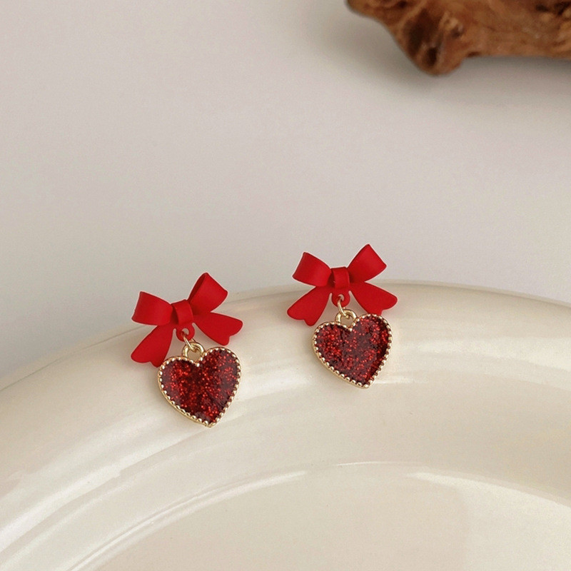Wholesale Love Heart Stud Earrings Women's New Bow Earrings Jewelry Gift
