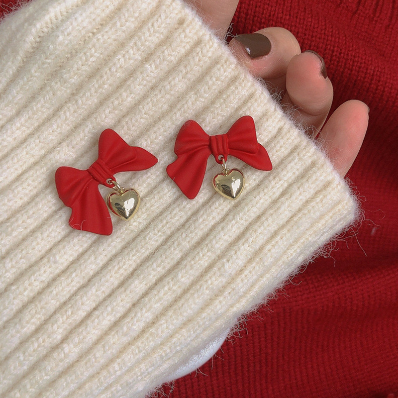 Wholesale Sterling Silver Needle Love Heart Bow Tie Earrings For Women Christmas Stud Earrings Jewelry Gift