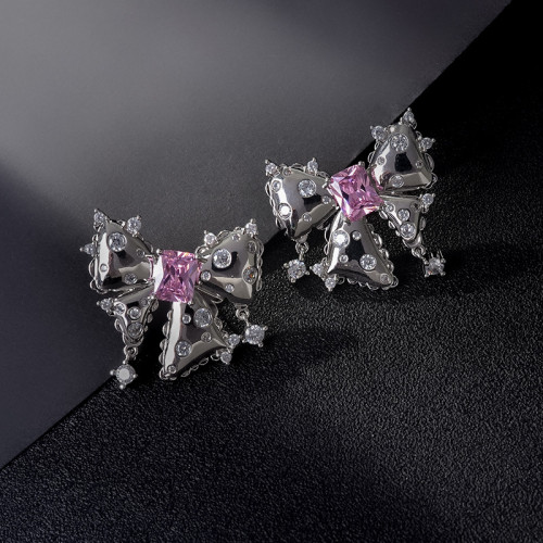 Wholesale Pink Zircon Bow Earrings For Women Sterling Silver Needle Earrings Ear Studs Jewelry Gift