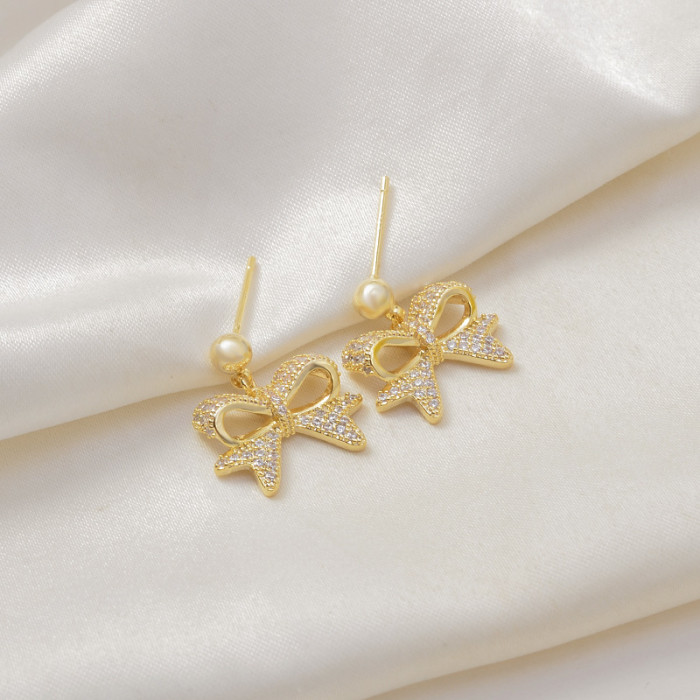 Sterling Silver Needle Zircon Bow Earrings 2021 New Pearl Exquisite Luxury Stud Earrings for Women