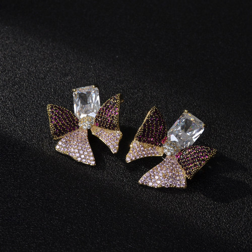 Wholesale Colorful Zircon Bow Earrings For Women Sterling Silver Needle Ornament Jewelry Gift