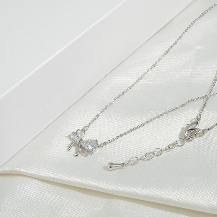 Women's Korean Style Fashionable Zircon Bow Necklace Simple Jewelry Necklace Women