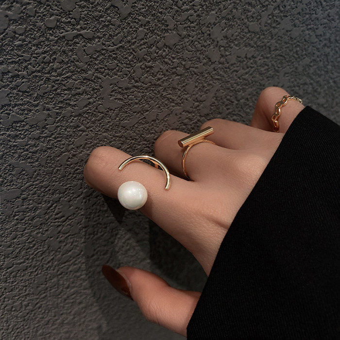 Wholesale Fashion Ring Women's Three-Piece Pearl Simple Bracelet Bracelet Set Ring Jewelry Gift